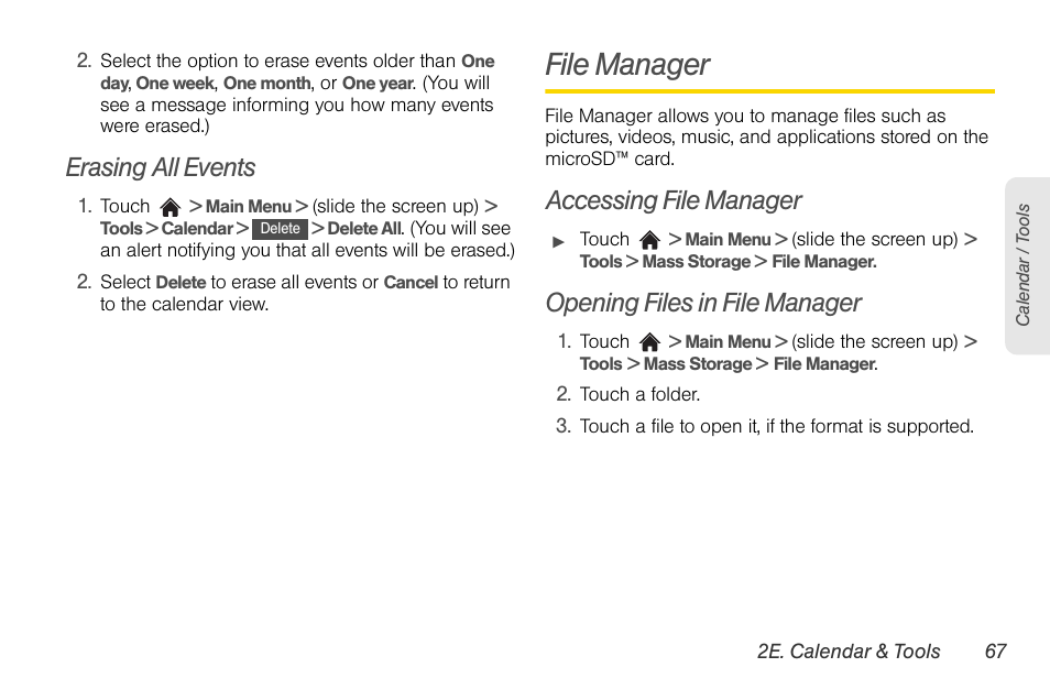 Erasing all events, File manager, Accessing file manager | Opening files in file manager | LG Rumor touch User Manual | Page 79 / 158