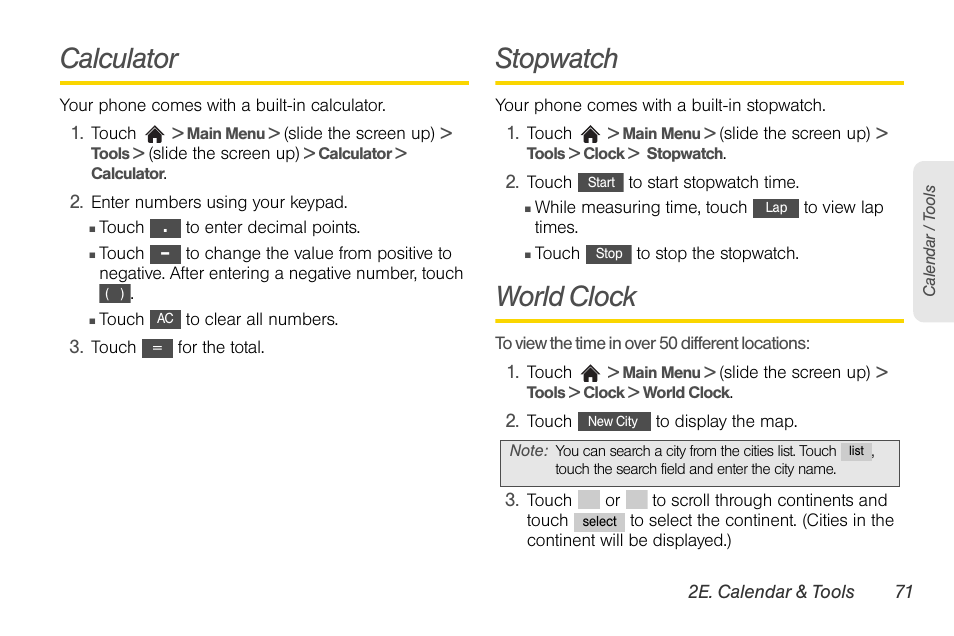 Calculator, Stopwatch, World clock | LG Rumor touch User Manual | Page 83 / 158