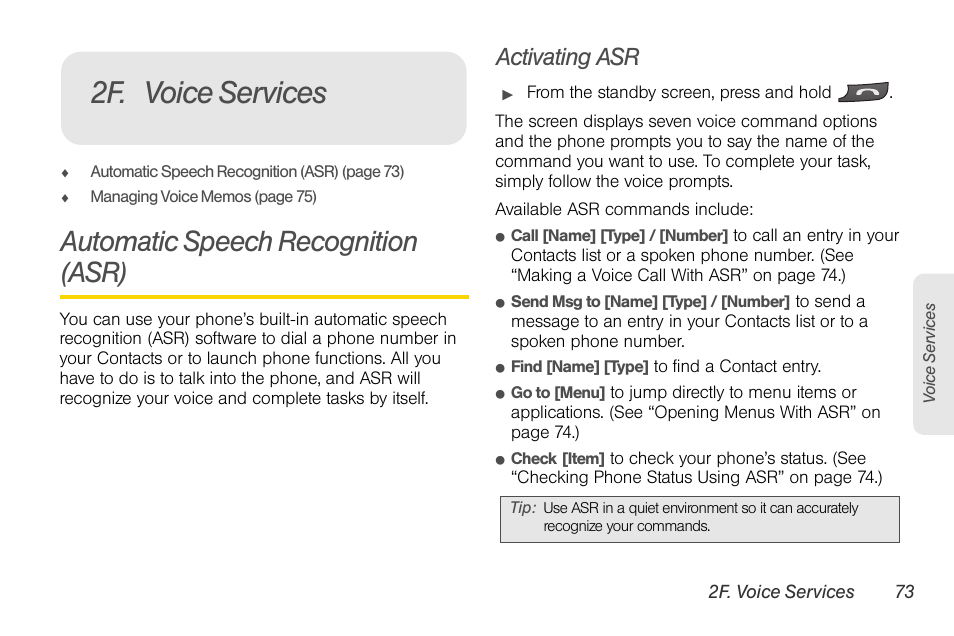 2f. voice services, Automatic speech recognition (asr), Activating asr | LG Rumor touch User Manual | Page 85 / 158