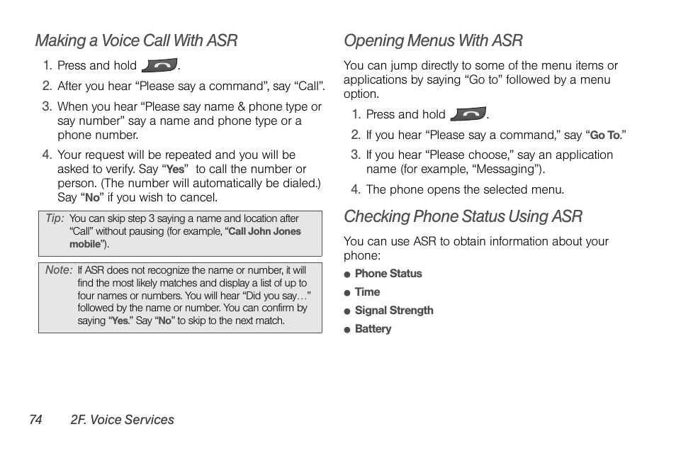 Making a voice call with asr, Opening menus with asr, Checking phone status using asr | LG Rumor touch User Manual | Page 86 / 158