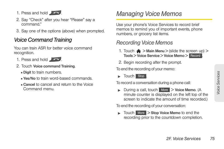 Voice command training, Managing voice memos, Recording voice memos | LG Rumor touch User Manual | Page 87 / 158