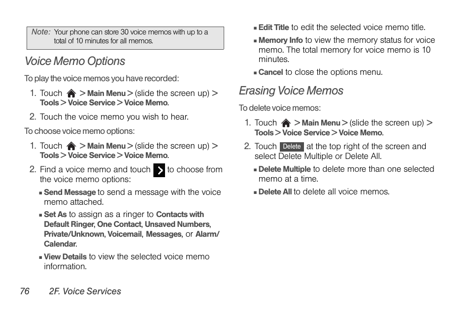 Voice memo options, Erasing voice memos | LG Rumor touch User Manual | Page 88 / 158