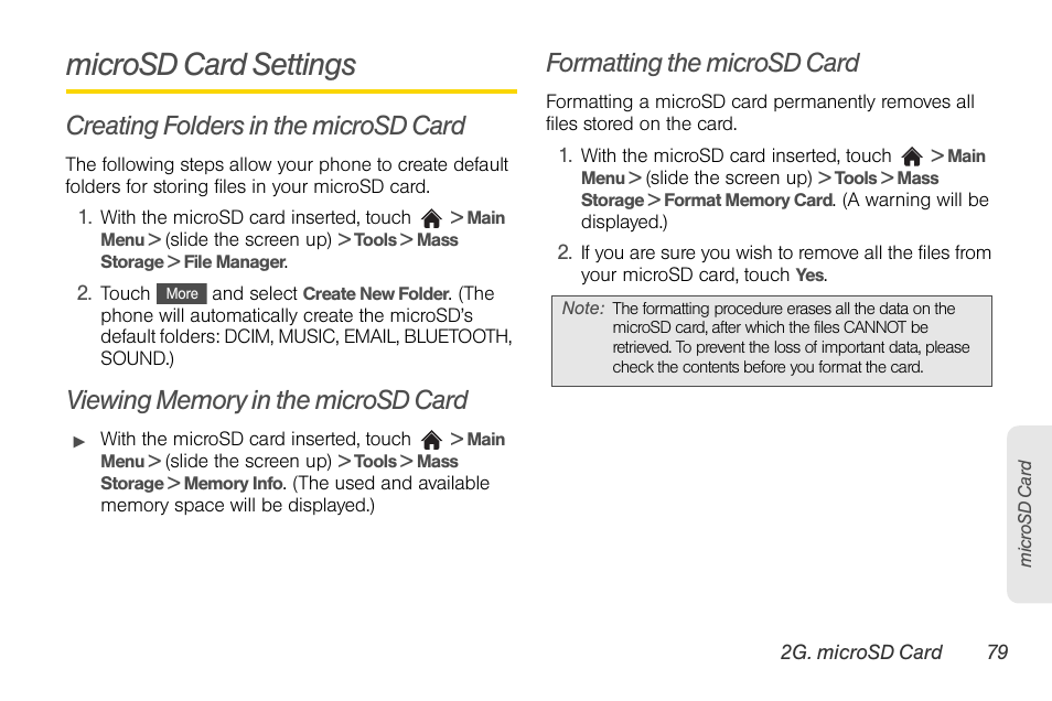 Microsd card settings, Creating folders in the microsd card, Viewing memory in the microsd card | Formatting the microsd card | LG Rumor touch User Manual | Page 91 / 158