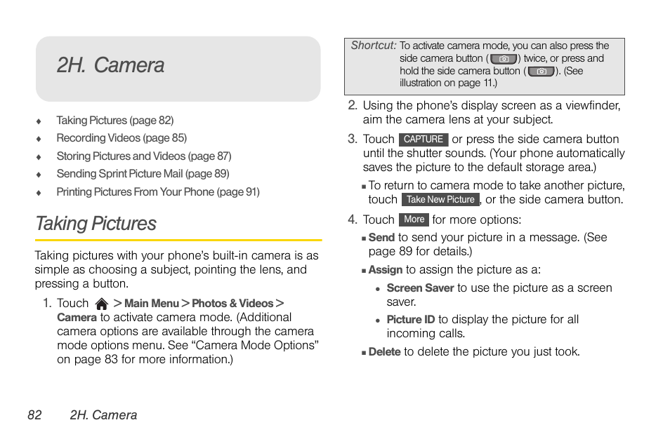 2h. camera, Taking pictures | LG Rumor touch User Manual | Page 94 / 158