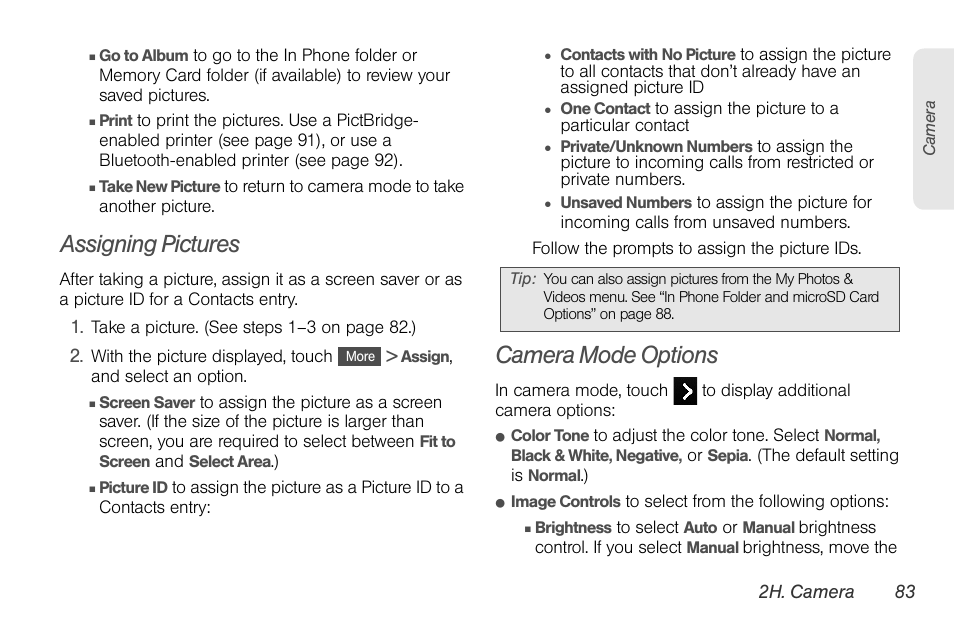 Assigning pictures, Camera mode options | LG Rumor touch User Manual | Page 95 / 158