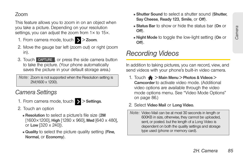 Camera settings, Recording videos, Camera settings” on | LG Rumor touch User Manual | Page 97 / 158