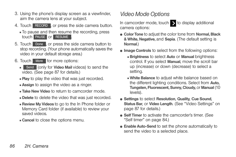 Video mode options | LG Rumor touch User Manual | Page 98 / 158