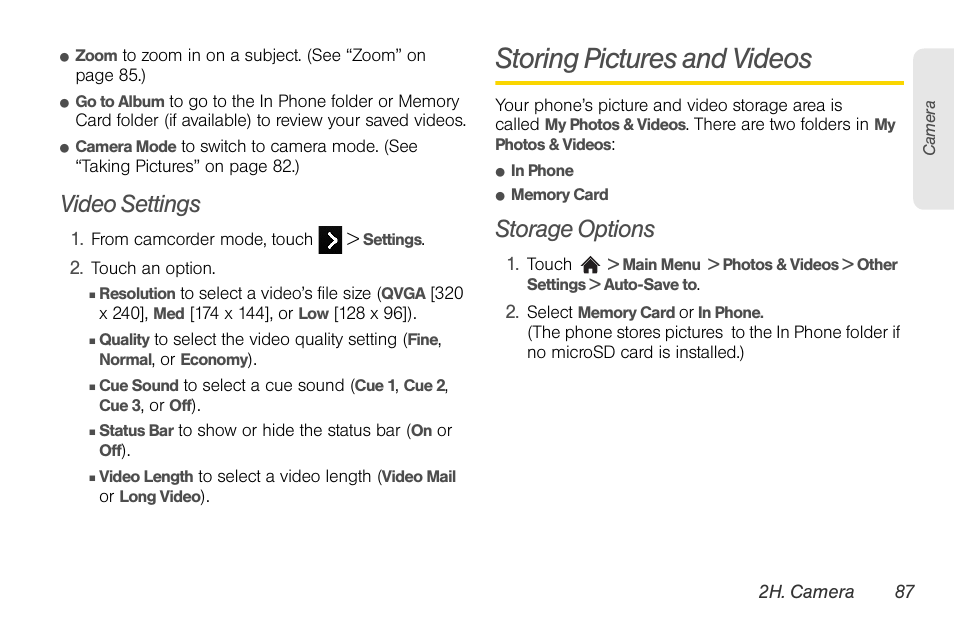 Video settings, Storing pictures and videos, Storage options | Video settings” on | LG Rumor touch User Manual | Page 99 / 158