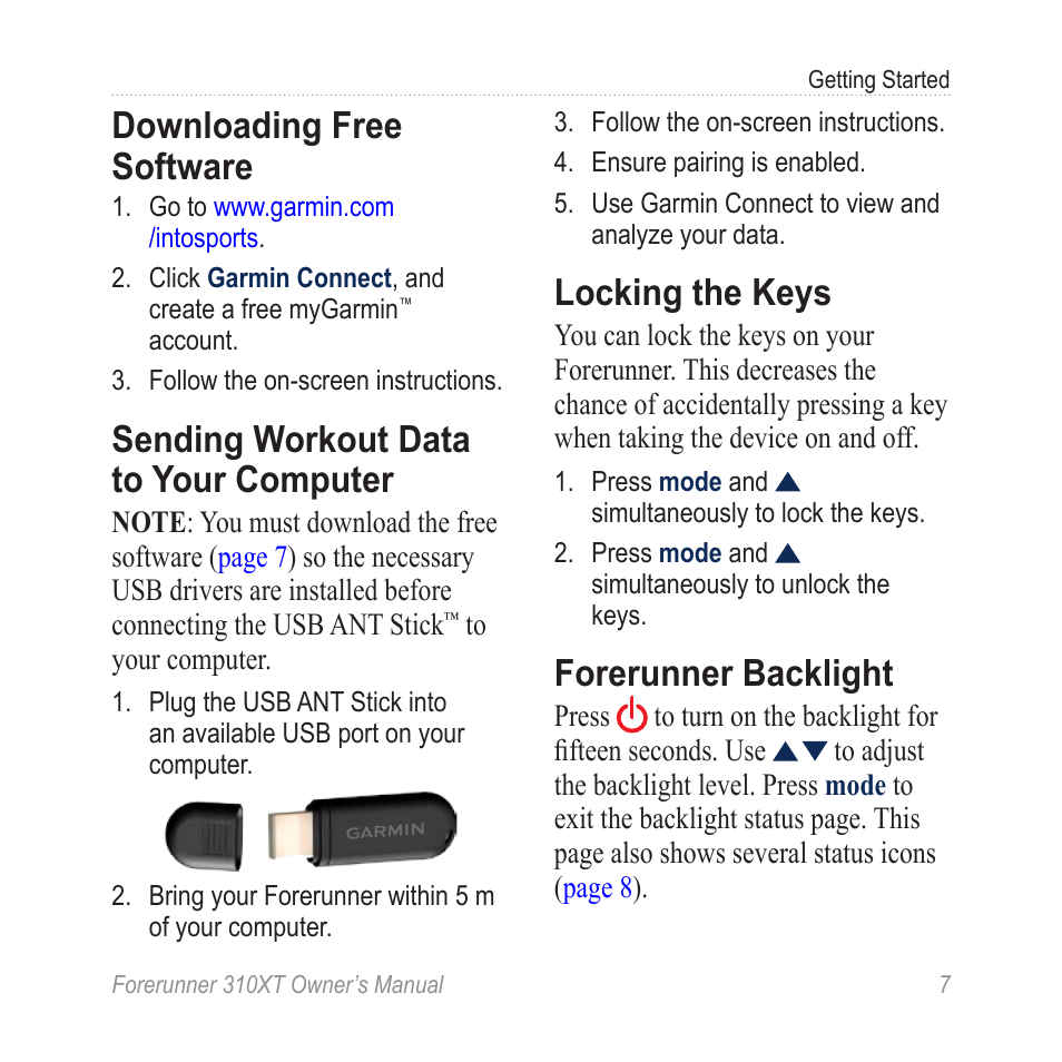 Downloading free software, Sending workout data to your computer, Locking the keys | Forerunner backlight, Sending workout data to your, Computer | Garmin Forerunner 310XT User Manual | Page 11 / 56