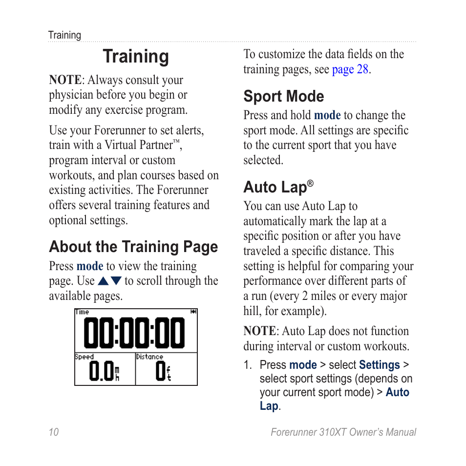 Training, Sport mode, Auto lap | About the training page | Garmin Forerunner 310XT User Manual | Page 14 / 56