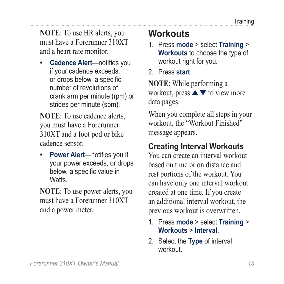 Workouts | Garmin Forerunner 310XT User Manual | Page 19 / 56