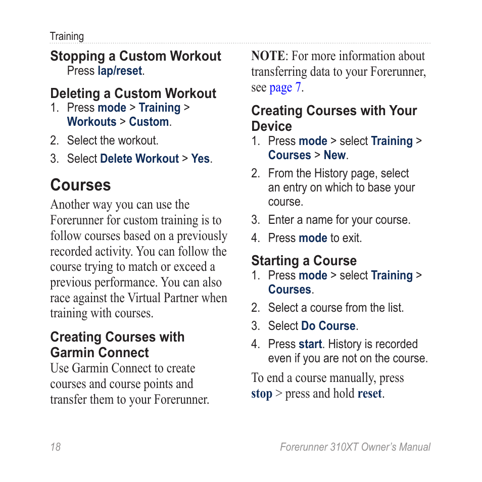 Courses | Garmin Forerunner 310XT User Manual | Page 22 / 56