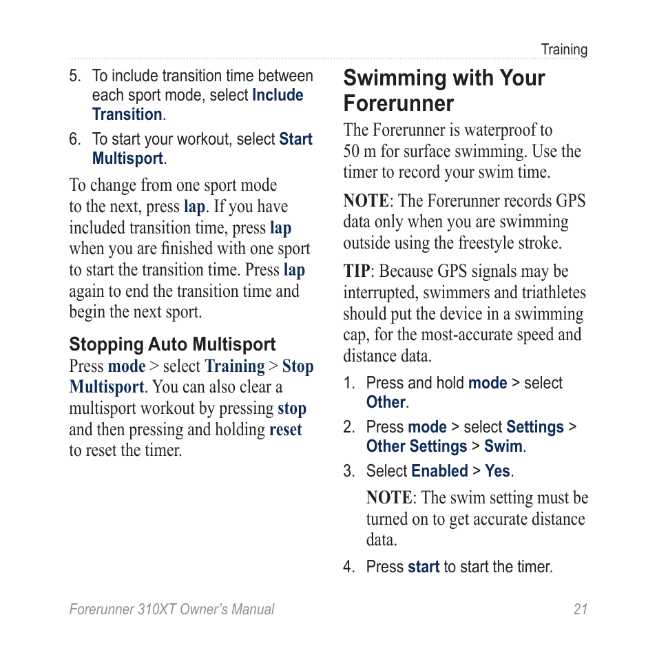 Swimming with your forerunner, Swimming with your, Forerunner | Garmin Forerunner 310XT User Manual | Page 25 / 56