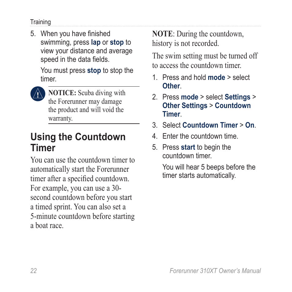 Using the countdown timer | Garmin Forerunner 310XT User Manual | Page 26 / 56