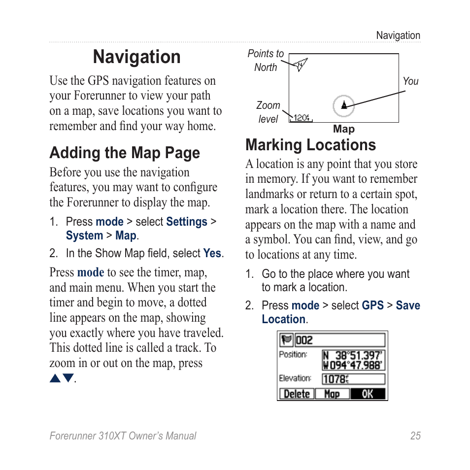 Navigation, Marking locations, Adding the map page | Garmin Forerunner 310XT User Manual | Page 29 / 56