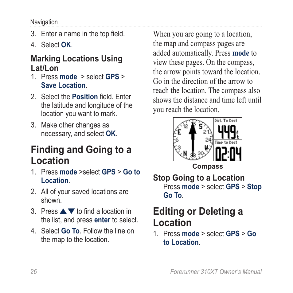 Finding and going to a location, Editing or deleting a location, Finding and going to a | Location | Garmin Forerunner 310XT User Manual | Page 30 / 56