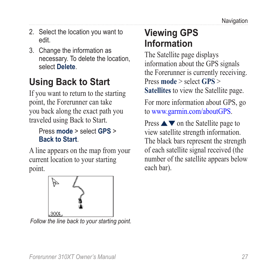 Using back to start, Viewing gps information | Garmin Forerunner 310XT User Manual | Page 31 / 56