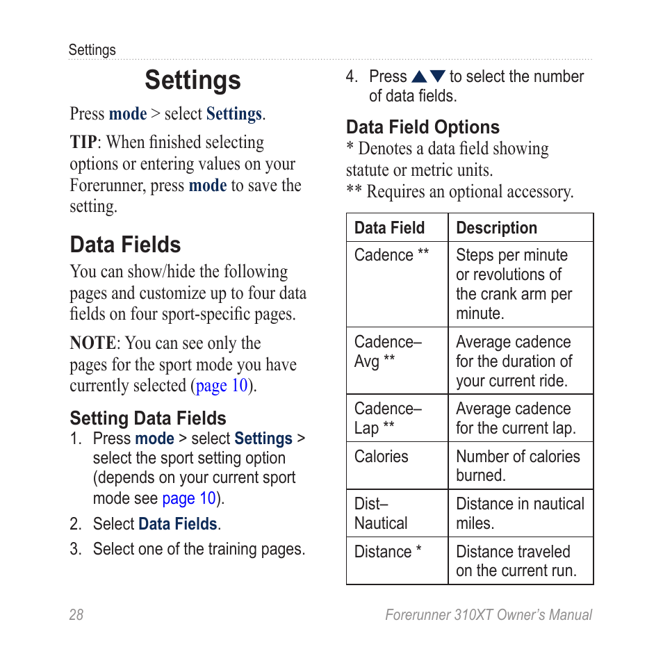 Settings, Data fields | Garmin Forerunner 310XT User Manual | Page 32 / 56