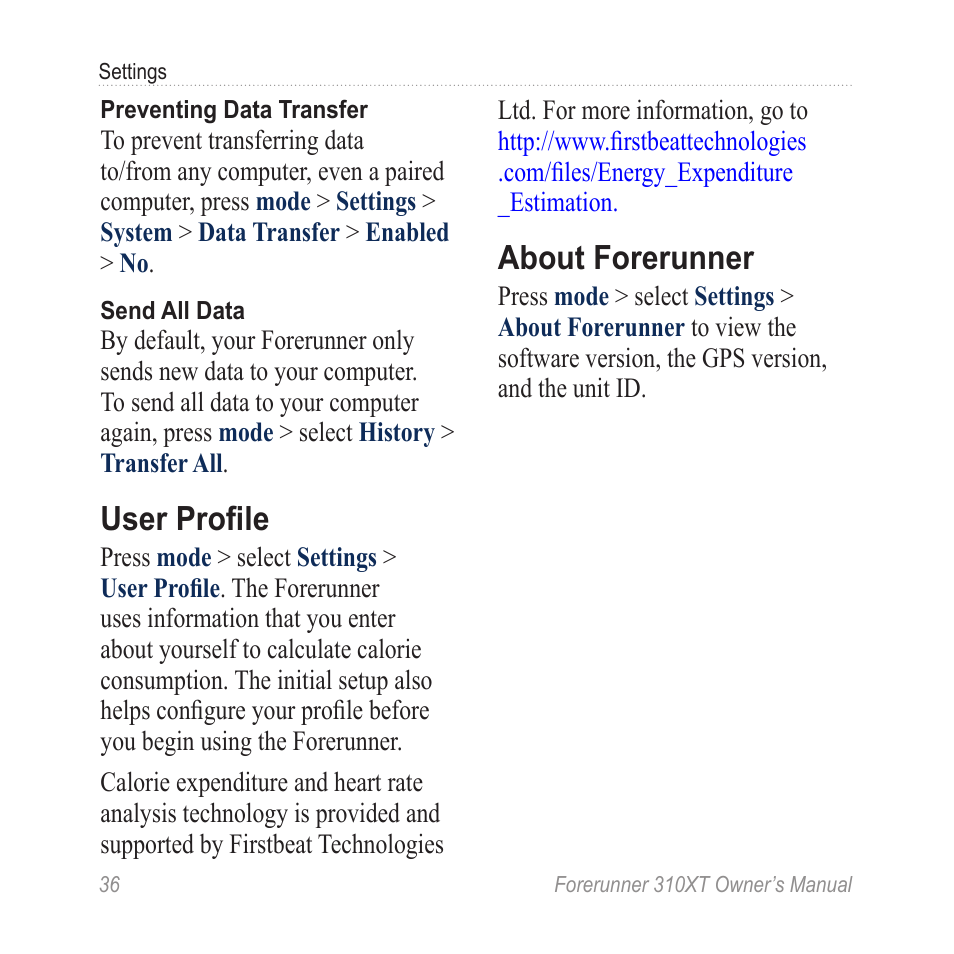 User profile, About forerunner | Garmin Forerunner 310XT User Manual | Page 40 / 56