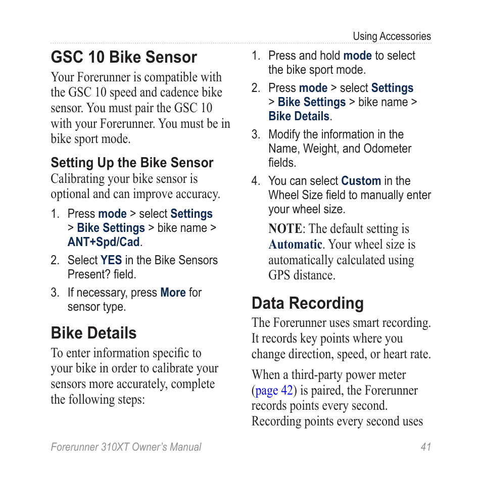 Gsc 10 bike sensor, Bike details, Data recording | Garmin Forerunner 310XT User Manual | Page 45 / 56