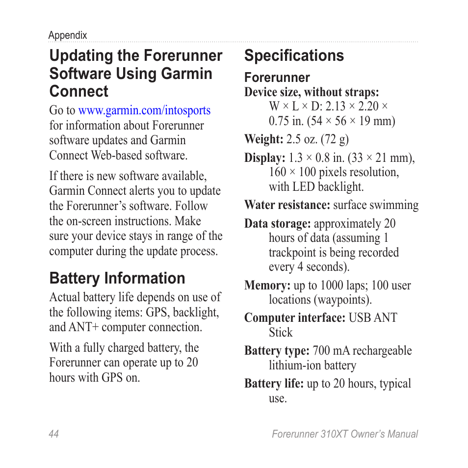 Battery information, Specifications, Updating the forerunner | Software using garmin, Connect | Garmin Forerunner 310XT User Manual | Page 48 / 56