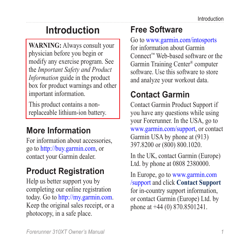 Introduction, More information, Product registration | Free software, Contact garmin | Garmin Forerunner 310XT User Manual | Page 5 / 56