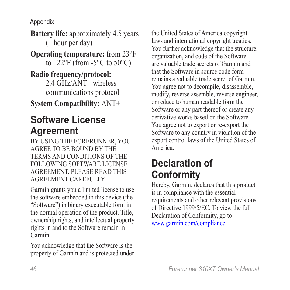 Software license agreement, Declaration of conformity | Garmin Forerunner 310XT User Manual | Page 50 / 56