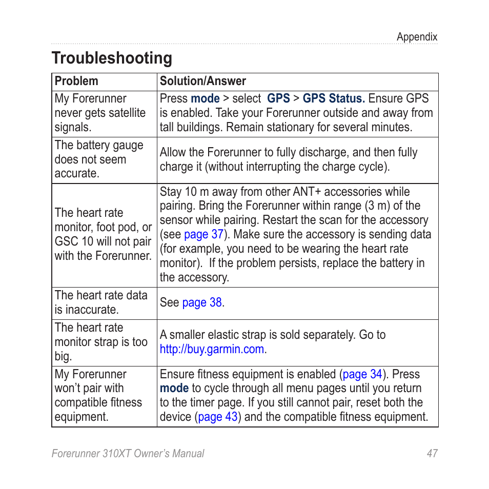 Troubleshooting | Garmin Forerunner 310XT User Manual | Page 51 / 56