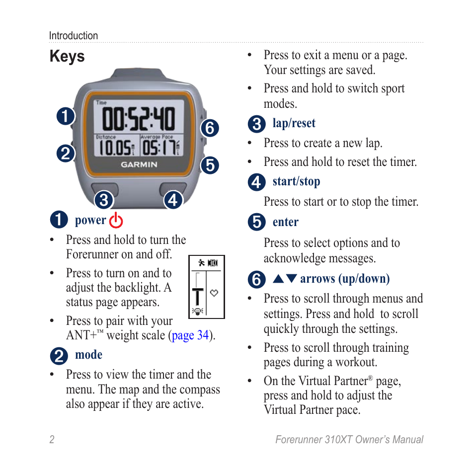 Keys | Garmin Forerunner 310XT User Manual | Page 6 / 56