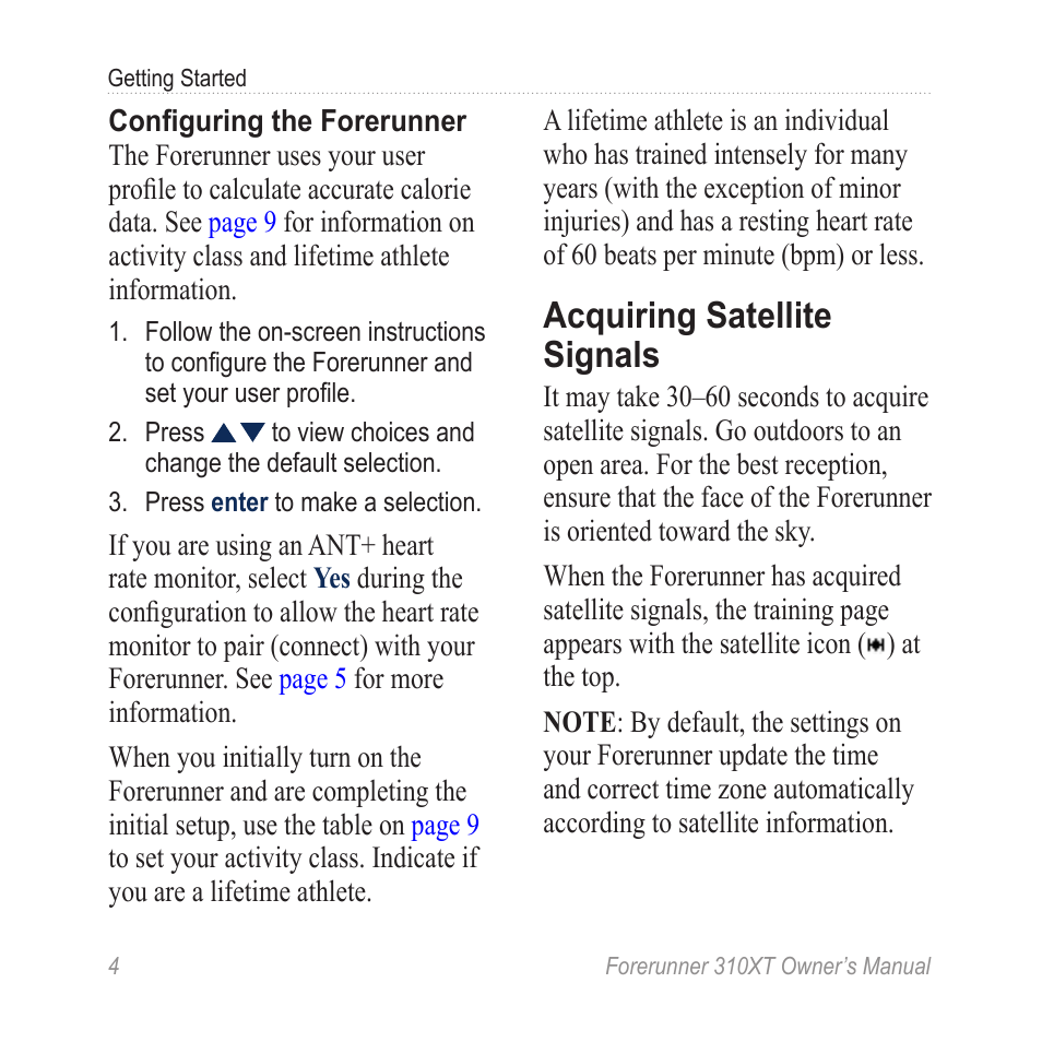 Acquiring satellite signals | Garmin Forerunner 310XT User Manual | Page 8 / 56