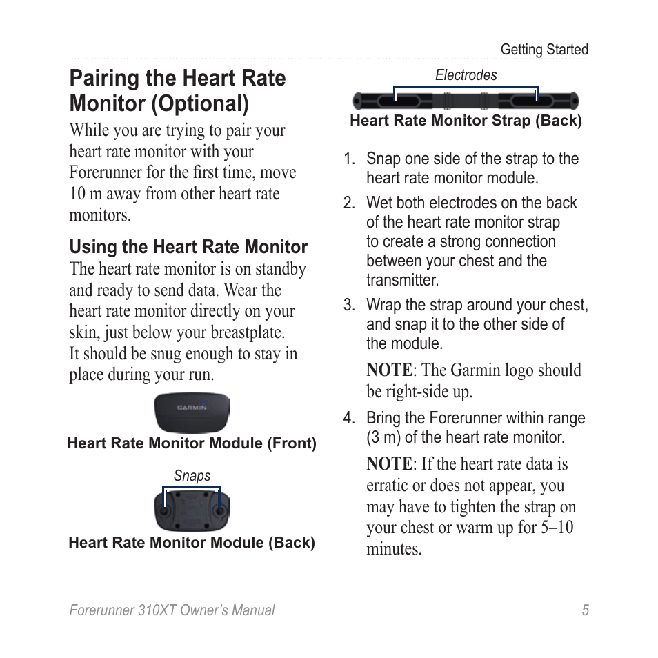 Pairing the heart rate monitor (optional), Pairing the heart rate monitor, Optional) | Garmin Forerunner 310XT User Manual | Page 9 / 56