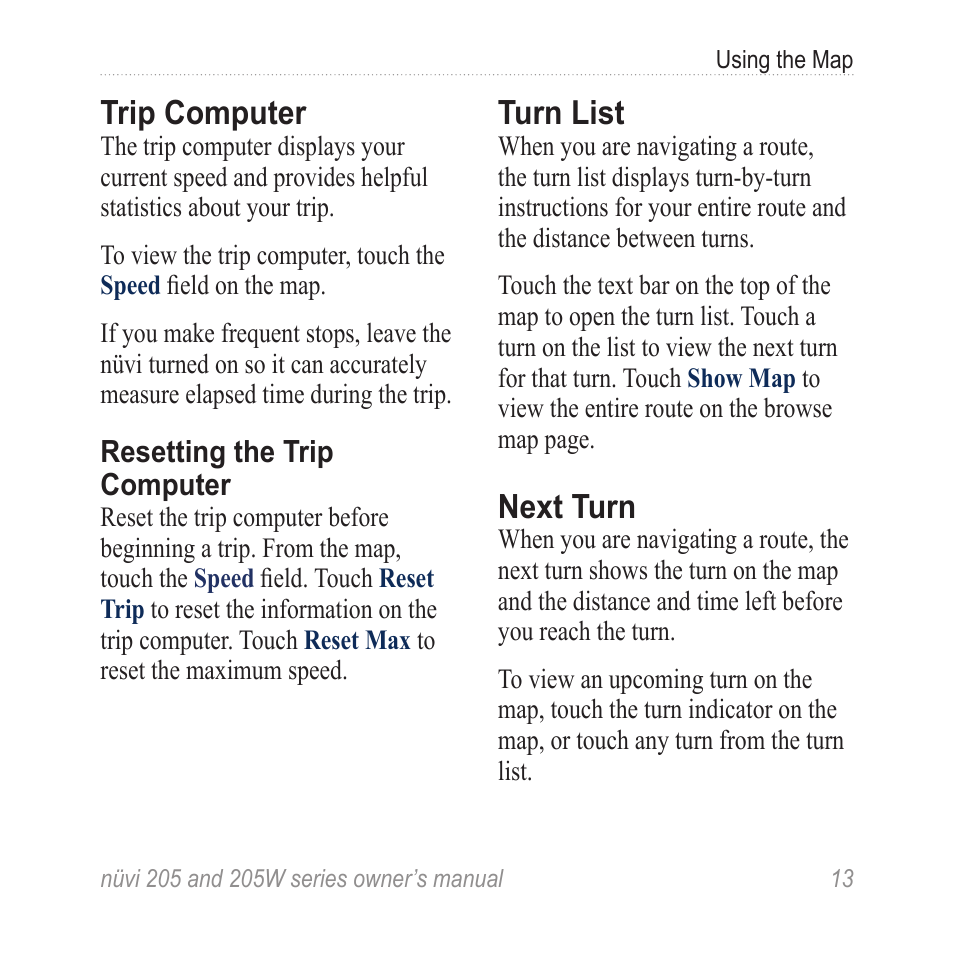 Trip computer, Turn list, Next turn | Garmin Nuvi 265W User Manual | Page 19 / 64
