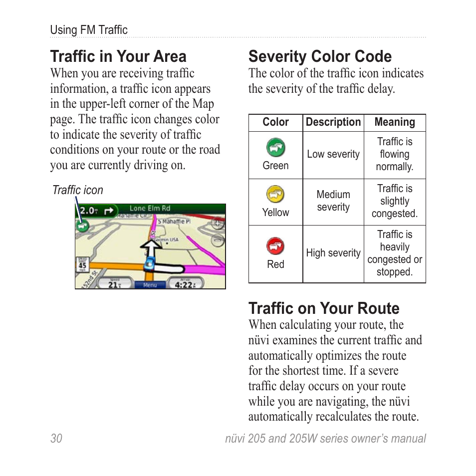 Traffic in your area, Severity color code, Traffic on your route | Garmin Nuvi 265W User Manual | Page 36 / 64