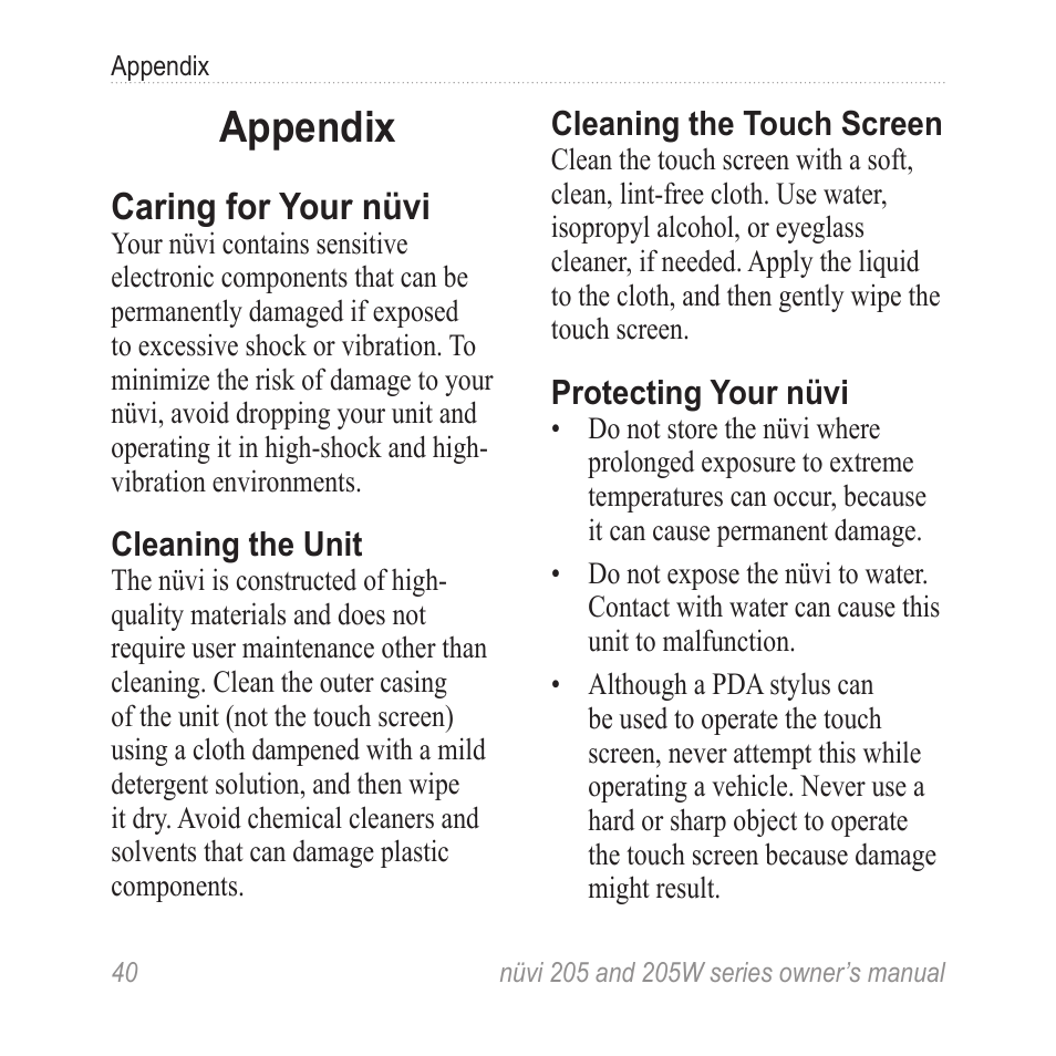 Appendix, Caring for your nüvi | Garmin Nuvi 265W User Manual | Page 46 / 64