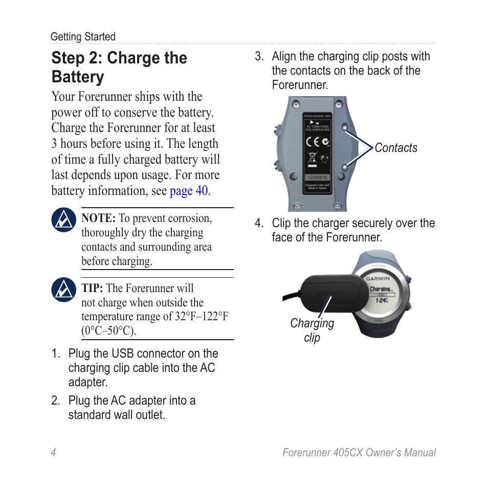 Step 2: charge the battery | Garmin Forerunner 405 CX User Manual | Page 10 / 56