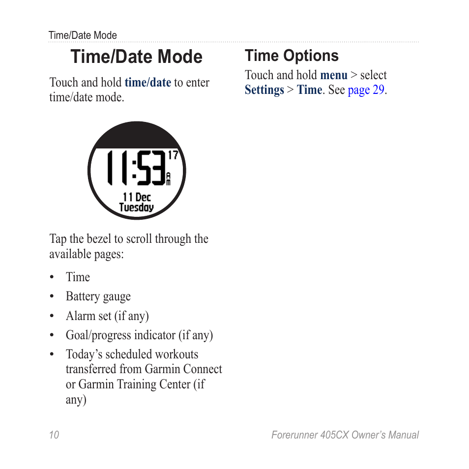 Time/date mode, Time options | Garmin Forerunner 405 CX User Manual | Page 16 / 56