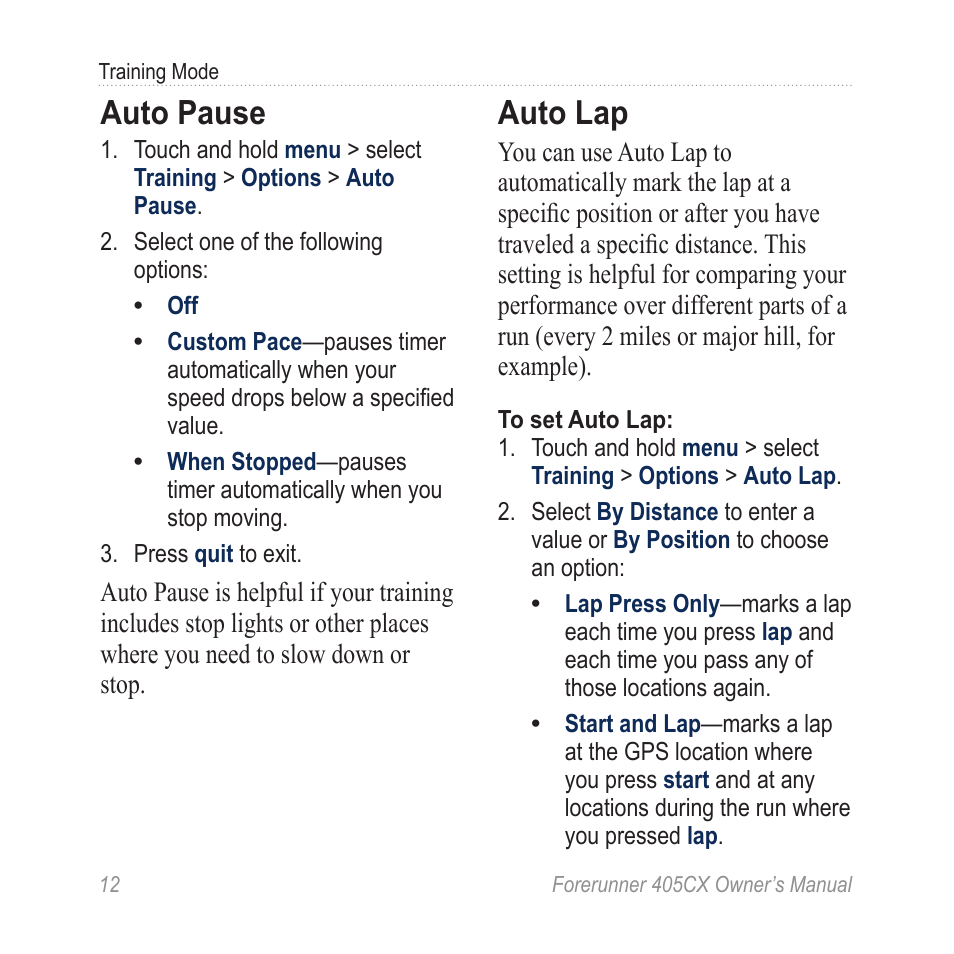 Auto pause, Auto lap | Garmin Forerunner 405 CX User Manual | Page 18 / 56