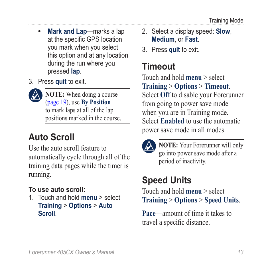 Auto scroll, Timeout, Speed units | Garmin Forerunner 405 CX User Manual | Page 19 / 56