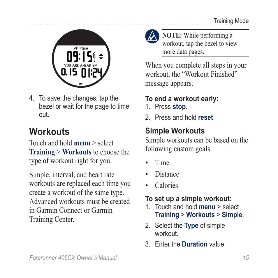 Workouts | Garmin Forerunner 405 CX User Manual | Page 21 / 56