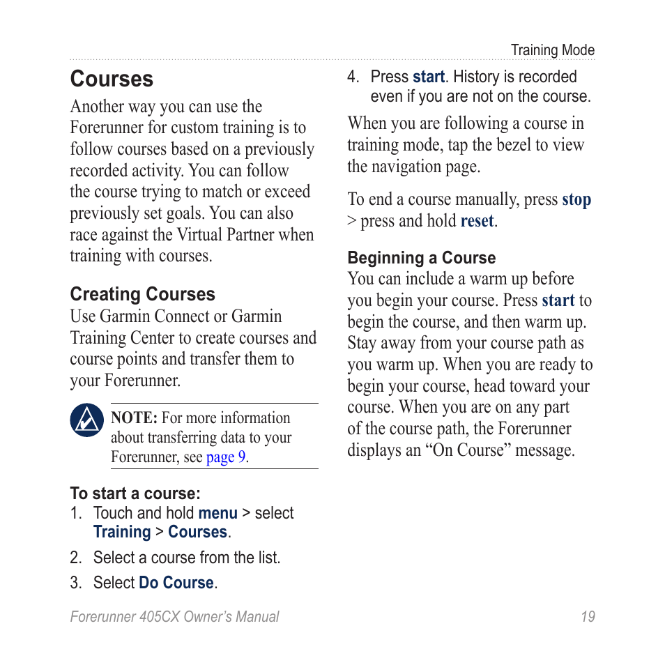 Courses | Garmin Forerunner 405 CX User Manual | Page 25 / 56