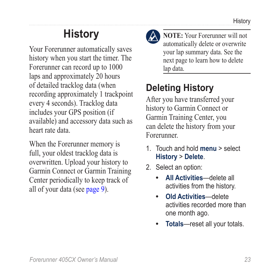 History, Deleting history | Garmin Forerunner 405 CX User Manual | Page 29 / 56