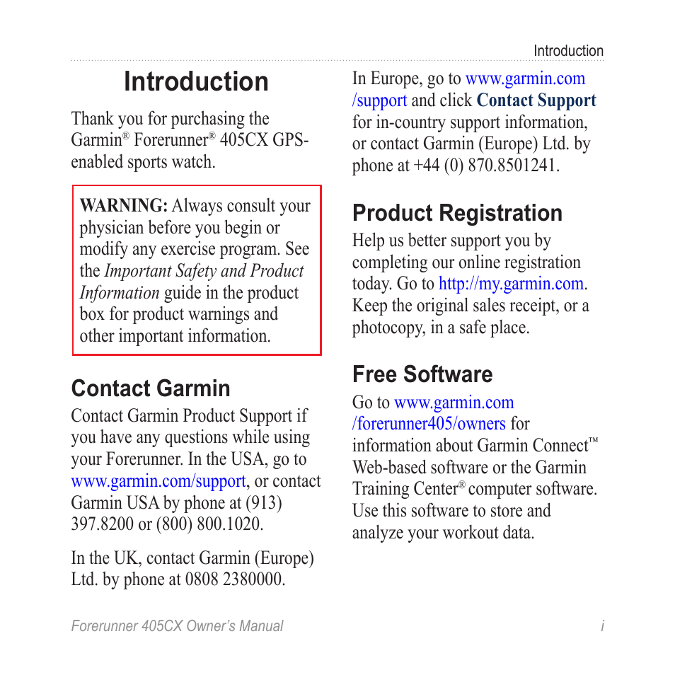 Introduction, Contact garmin, Product registration | Free software | Garmin Forerunner 405 CX User Manual | Page 3 / 56