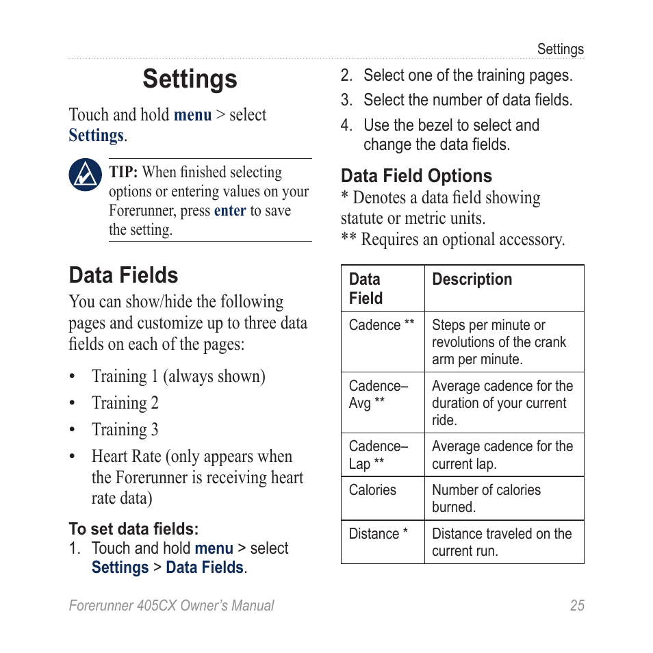 Settings, Data fields | Garmin Forerunner 405 CX User Manual | Page 31 / 56