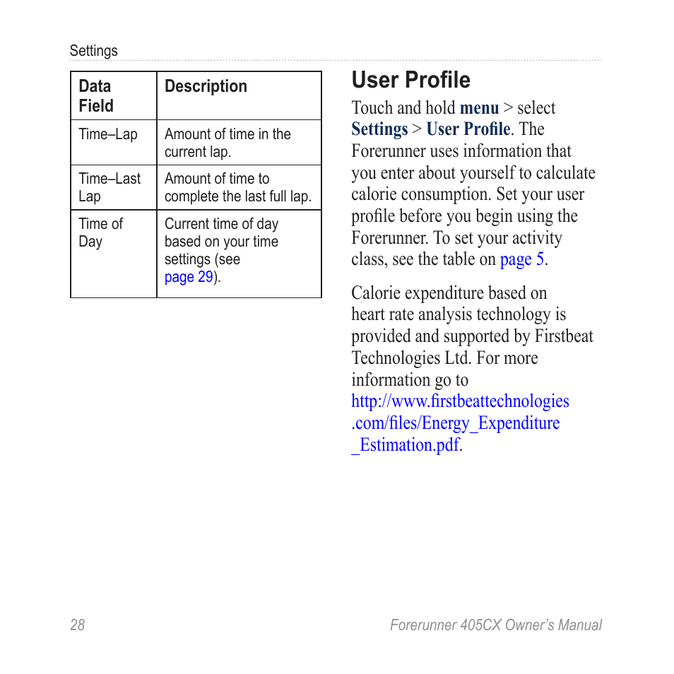 User profile | Garmin Forerunner 405 CX User Manual | Page 34 / 56