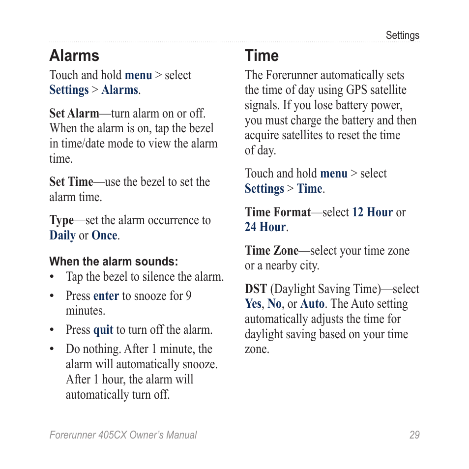 Alarms, Time | Garmin Forerunner 405 CX User Manual | Page 35 / 56