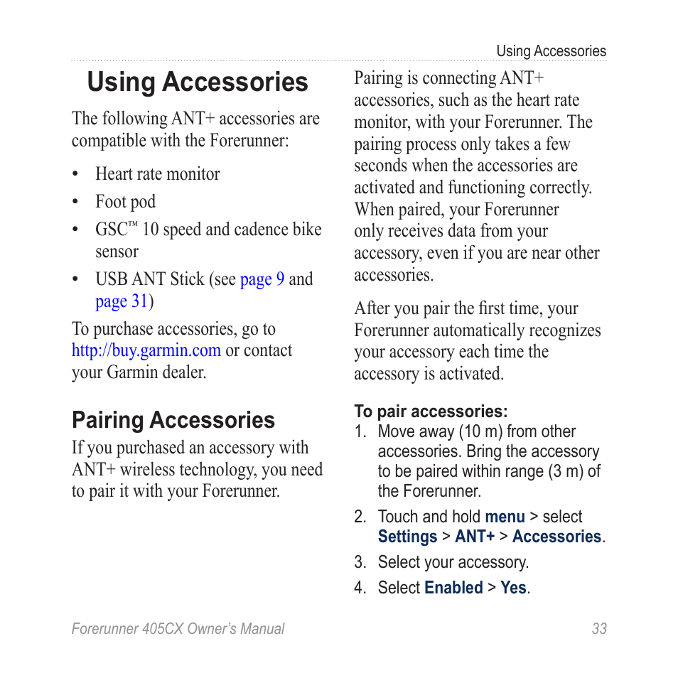 Using accessories, Pairing accessories | Garmin Forerunner 405 CX User Manual | Page 39 / 56