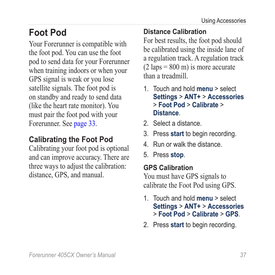 Foot pod | Garmin Forerunner 405 CX User Manual | Page 43 / 56