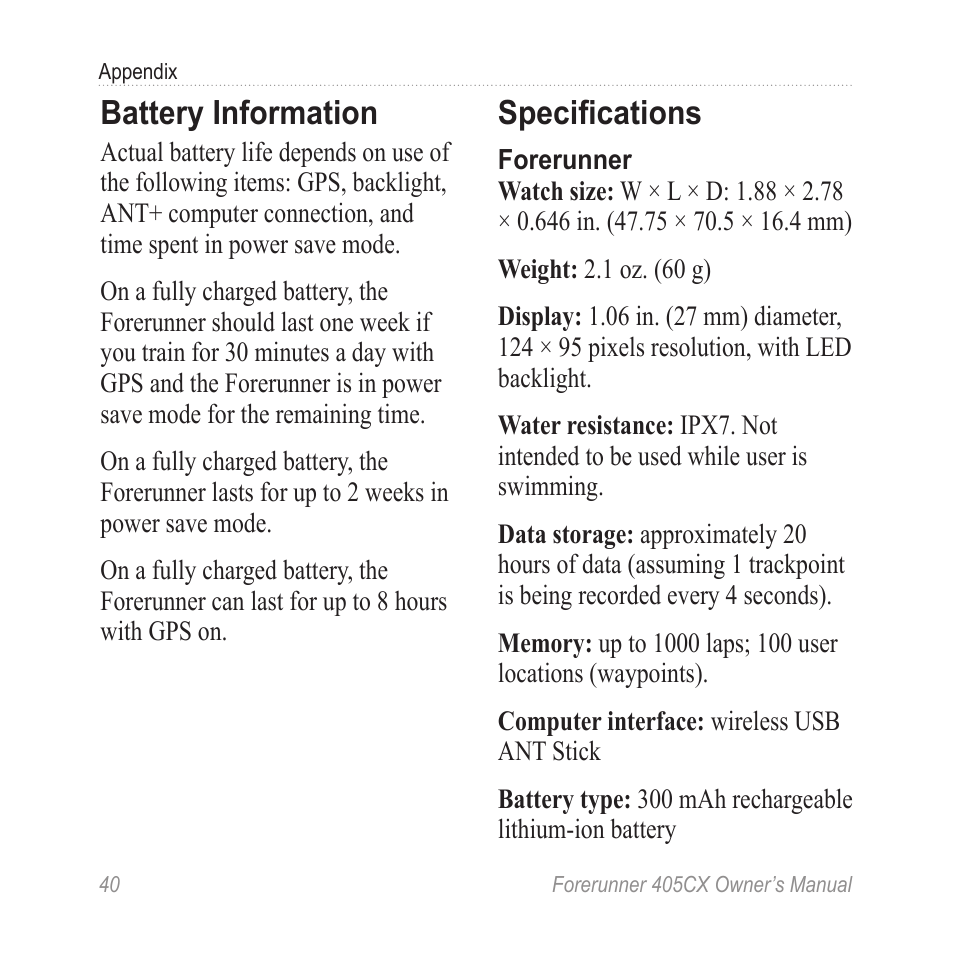 Battery information, Specifications | Garmin Forerunner 405 CX User Manual | Page 46 / 56