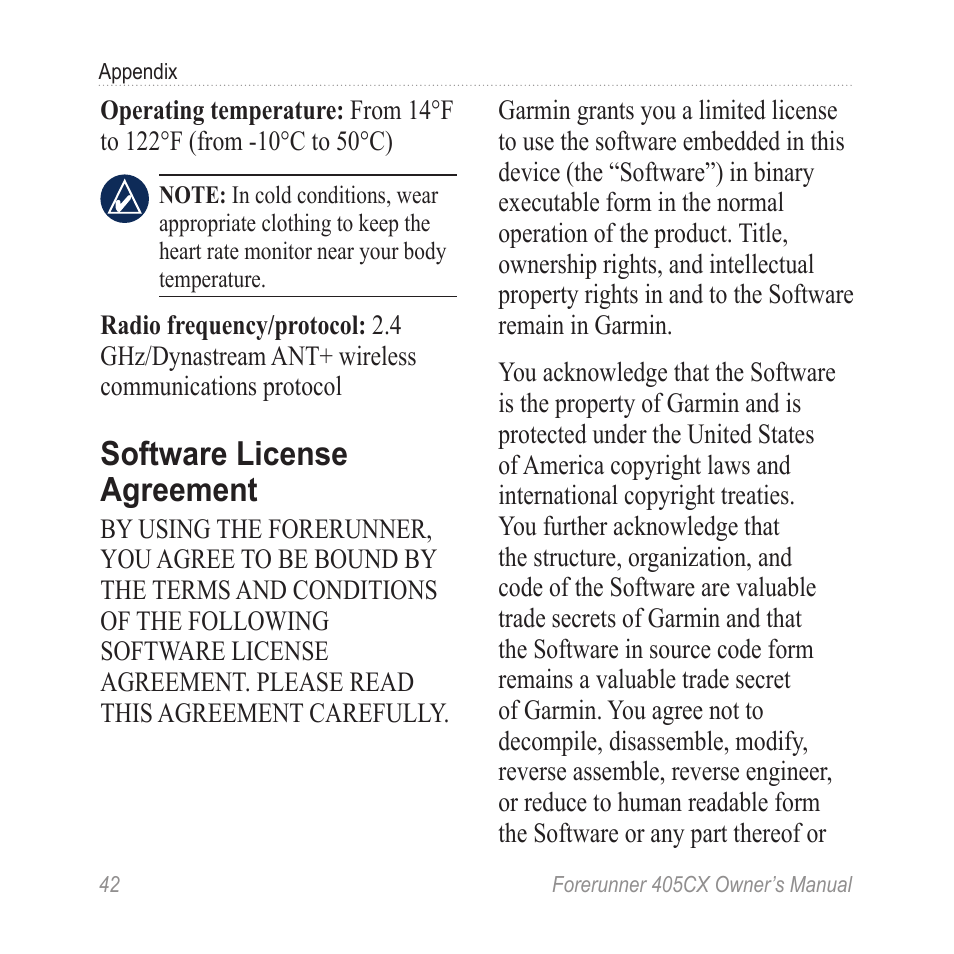 Software license agreement, Software license, Agreement | Garmin Forerunner 405 CX User Manual | Page 48 / 56