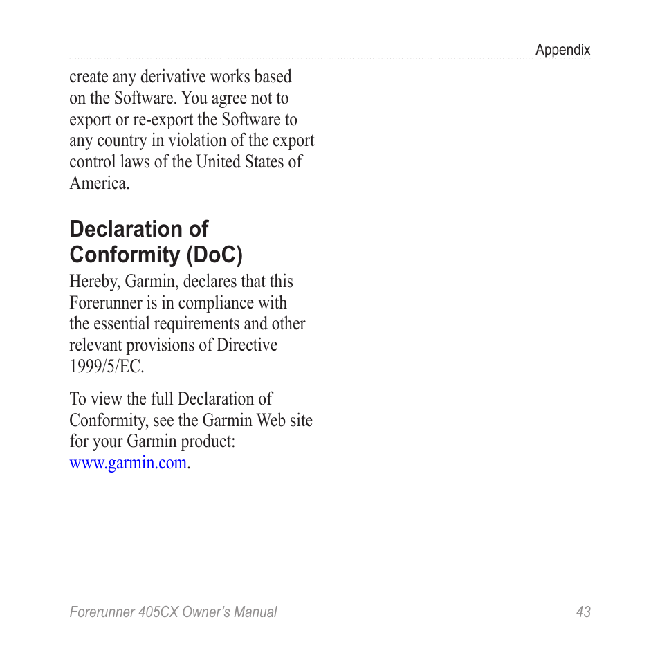 Declaration of conformity (doc), Declaration of conformity, Doc) | Garmin Forerunner 405 CX User Manual | Page 49 / 56